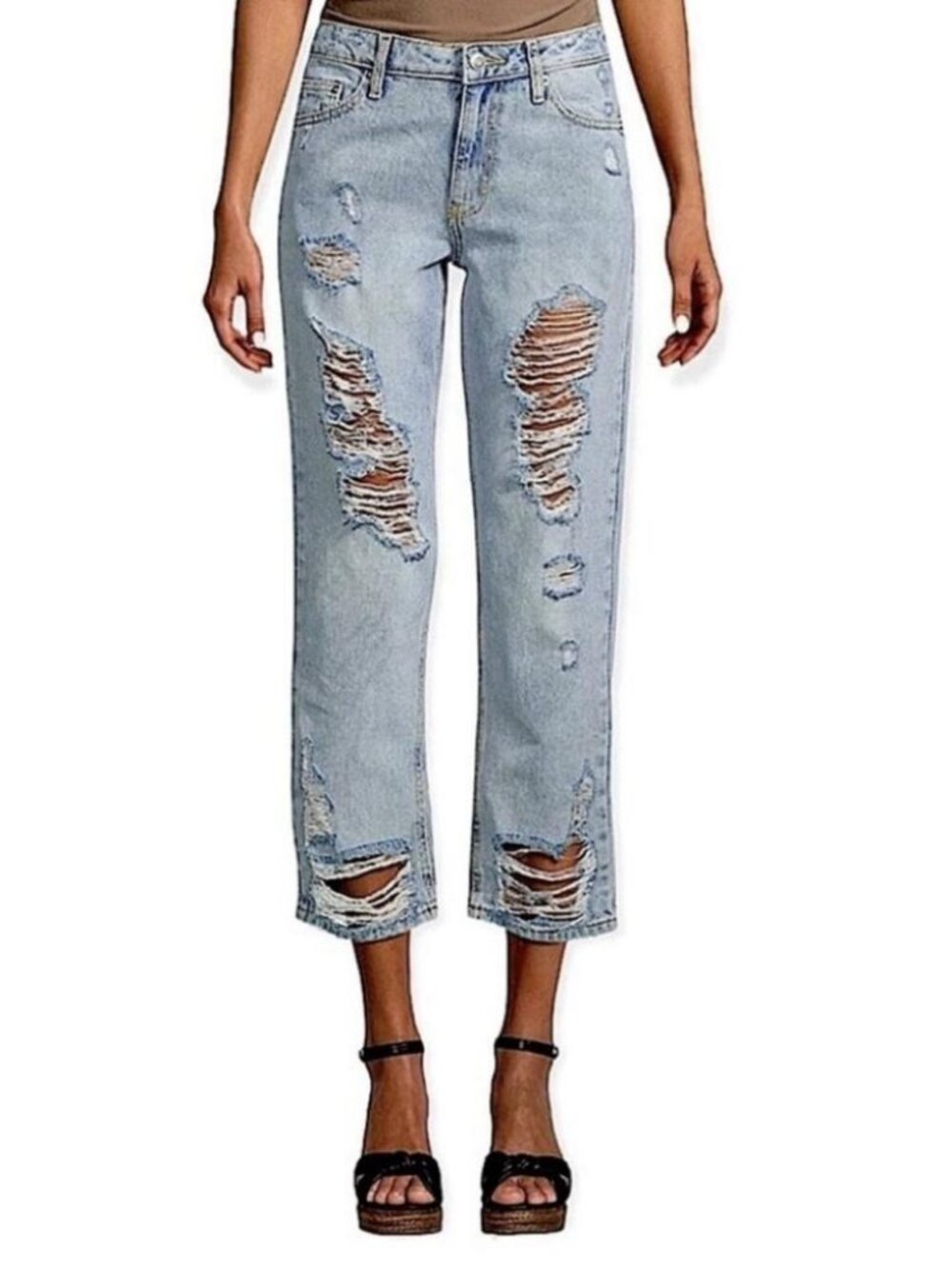 Avec Les Filles Distressed Ripped Mid Rise Light Wash Mom Jeans Size 27